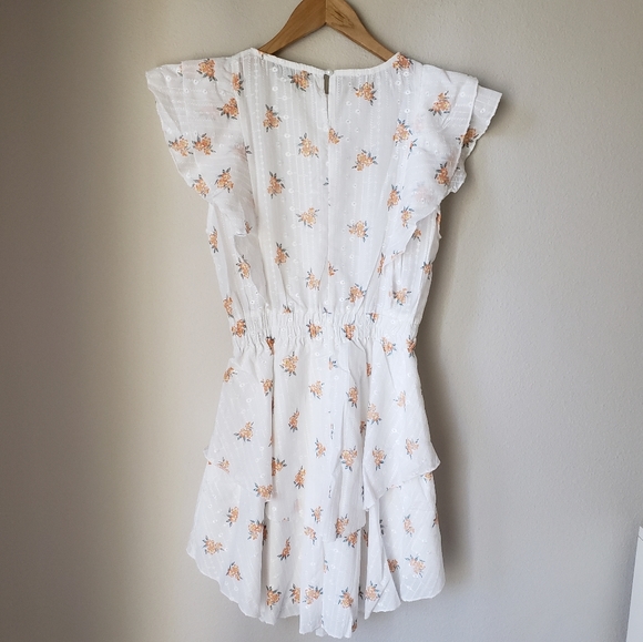 White Eyelet Embroidered Floral Flutter Sleeve Tiered Skirt Cotton Dress - Picture 9 of 16